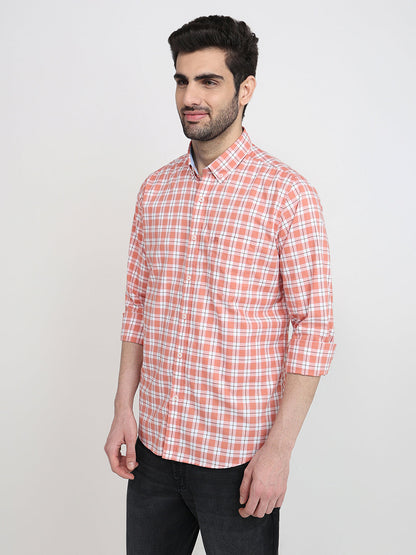 Raymond Men Orange Checks Regular Fit Cotton Full Sleeve Casual Shirt