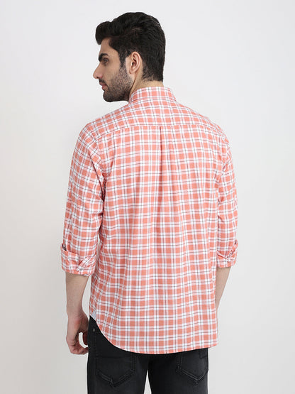 Raymond Men Orange Checks Regular Fit Cotton Full Sleeve Casual Shirt