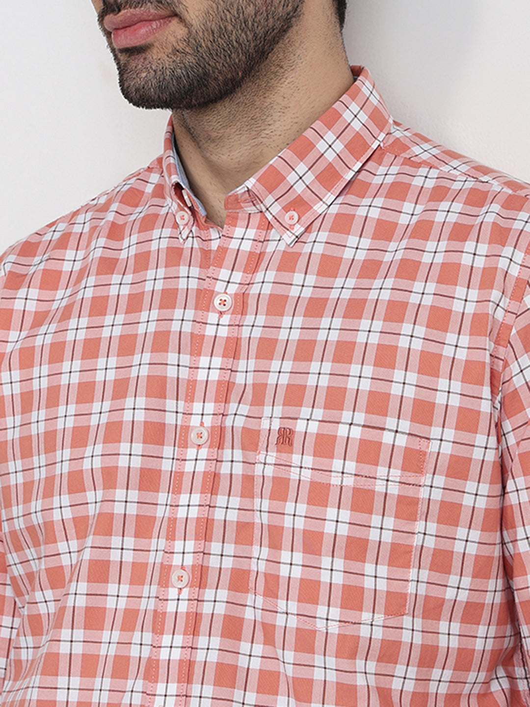 Raymond Men Orange Checks Regular Fit Cotton Full Sleeve Casual Shirt