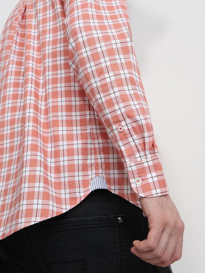 Raymond Men Orange Checks Regular Fit Cotton Full Sleeve Casual Shirt
