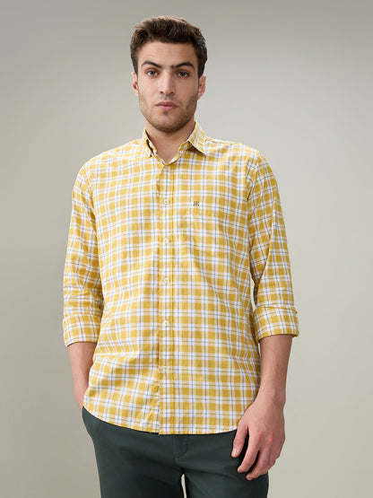 Raymond Men Yellow Checks Regular Fit Cotton Full Sleeve Casual Shirt