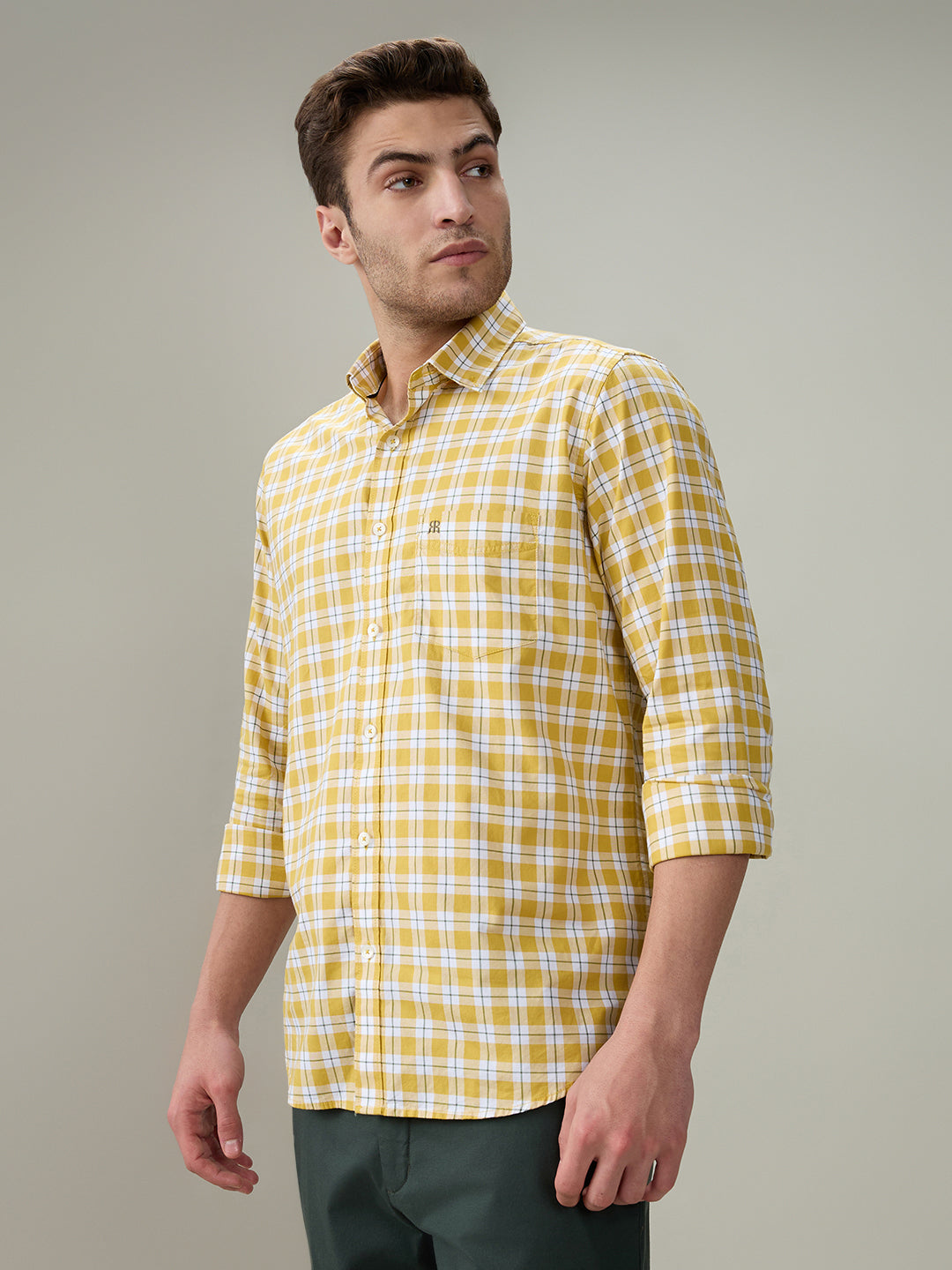 Raymond Men Yellow Checks Regular Fit Cotton Full Sleeve Casual Shirt