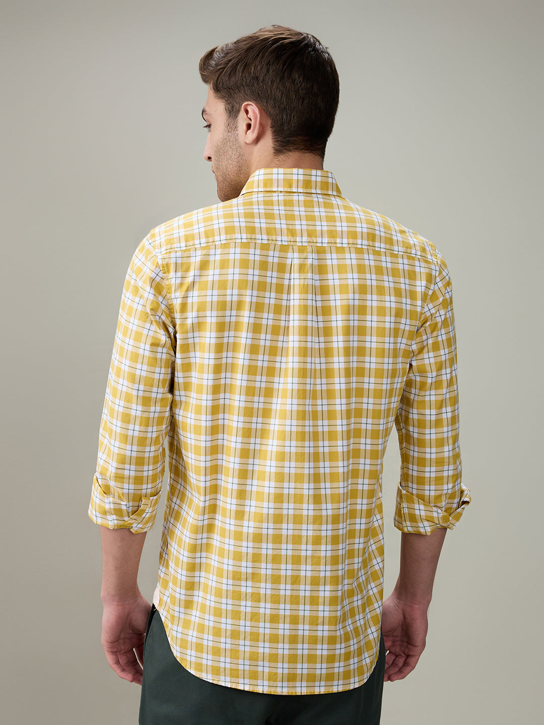 Raymond Men Yellow Checks Regular Fit Cotton Full Sleeve Casual Shirt