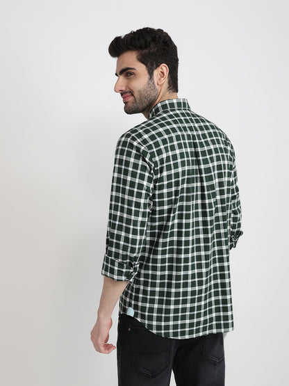 Raymond Men Green Checks Regular Fit Cotton Full Sleeve Regular Collar Casual Shirt