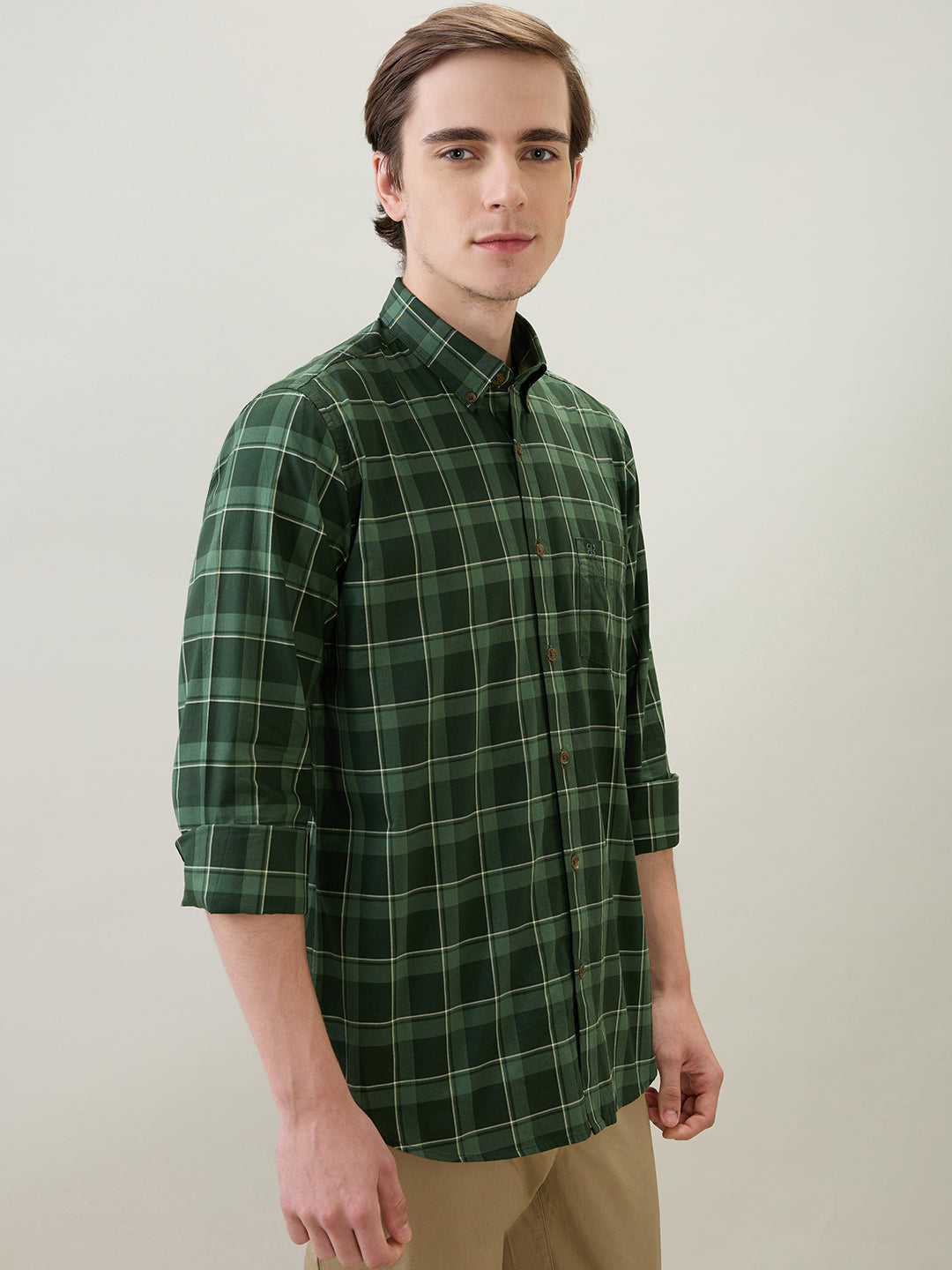 Raymond Men Green Checks Regular Fit Cotton Full Sleeve Casual Shirt