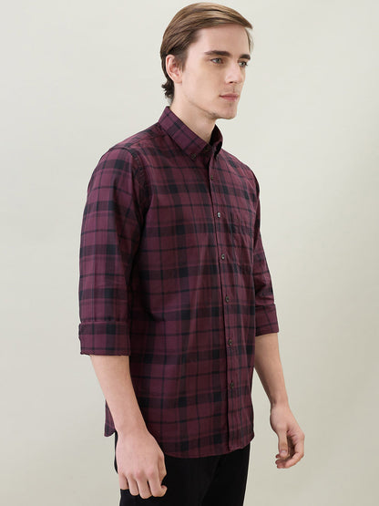 Raymond Men Brown Checks Regular Fit Cotton Full Sleeve Casual Shirt