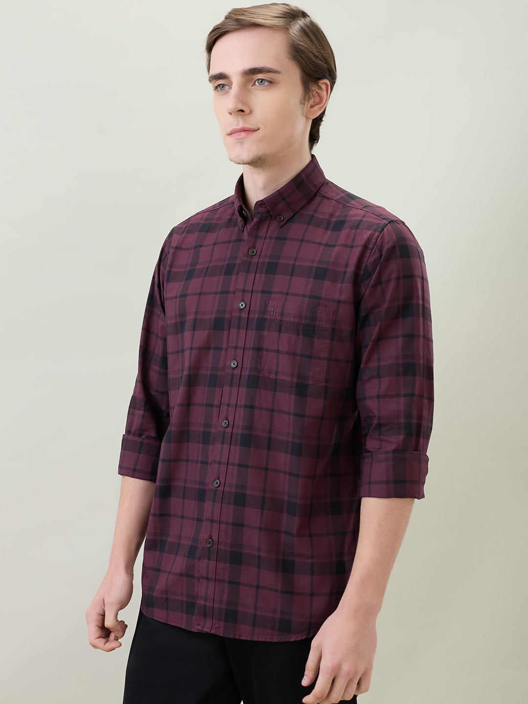 Raymond Men Brown Checks Regular Fit Cotton Full Sleeve Casual Shirt