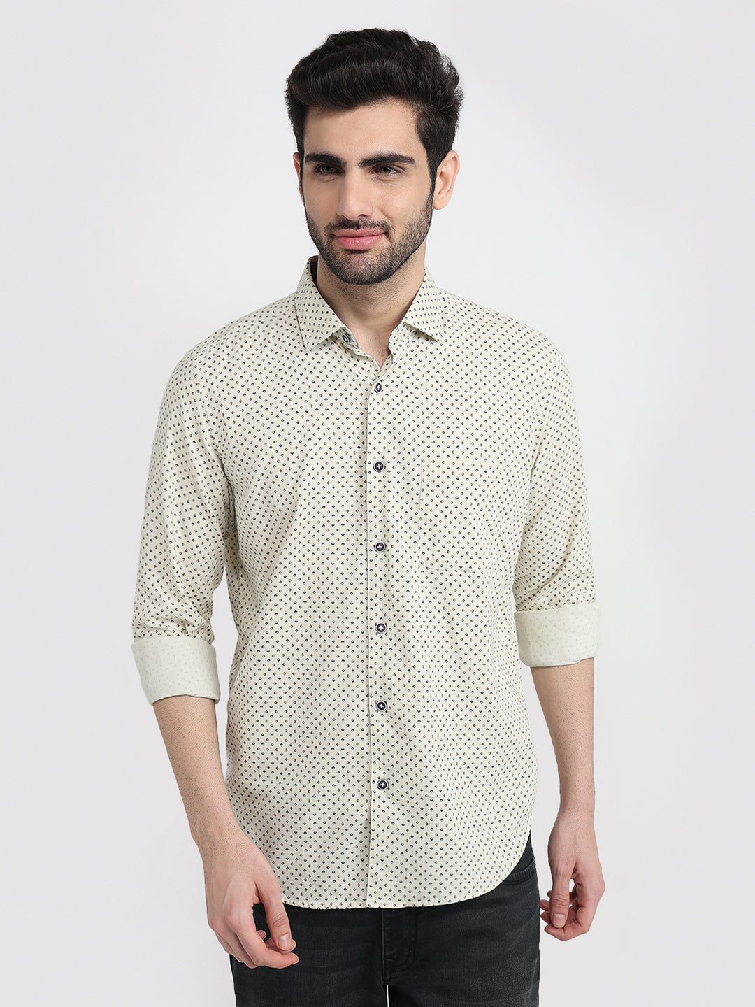 Raymond Men Yellow Printed Regular Fit Cotton Full Sleeve Regular Collar Casual Shirt