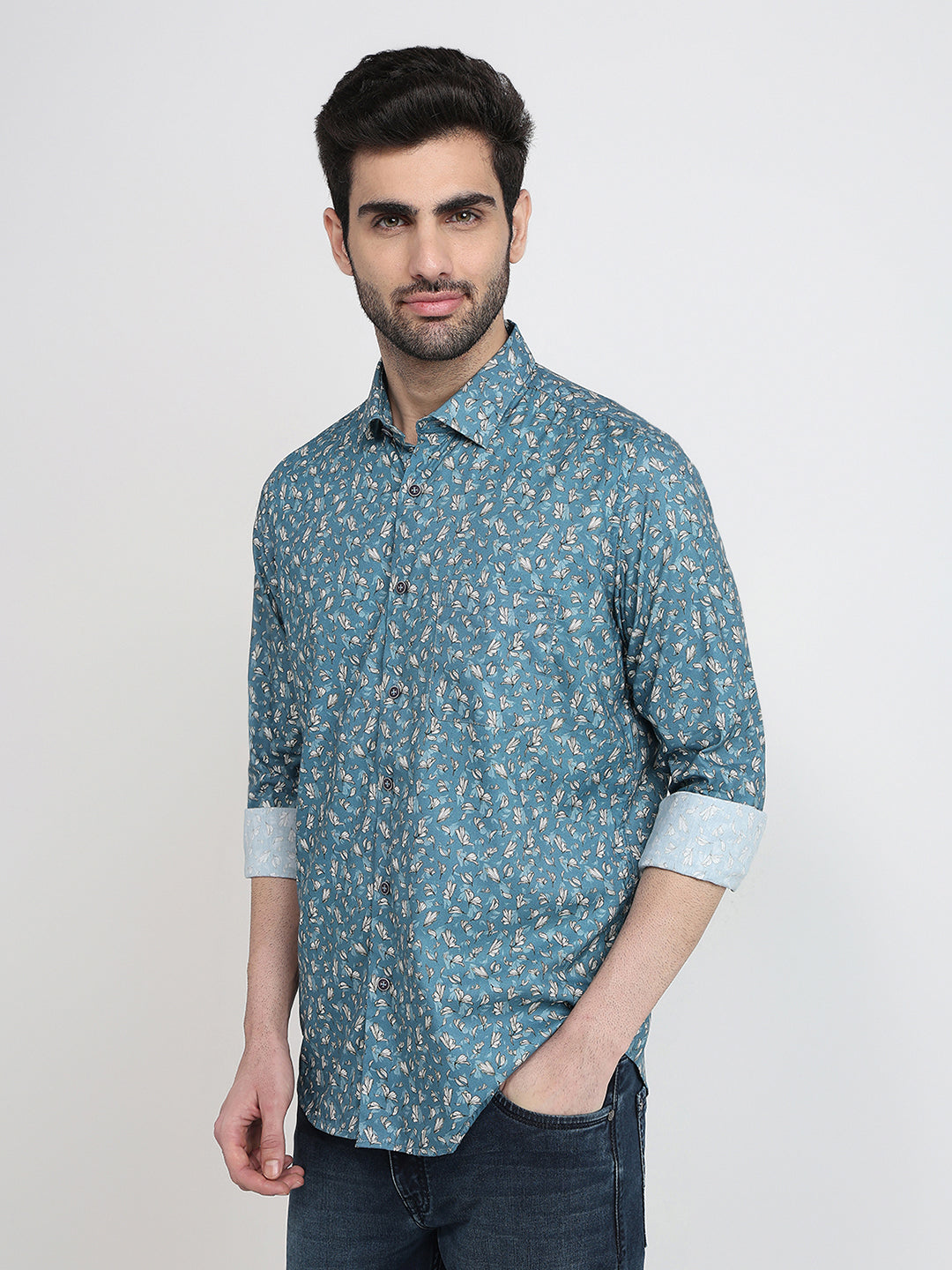 Raymond Men Blue Printed Regular Fit Cotton Blend Full Sleeve Casual Shirt