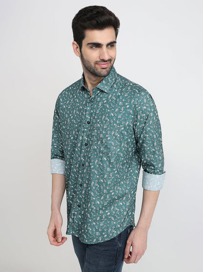 Raymond Men Green Printed Regular Fit Cotton Blend Full Sleeve Casual Shirt
