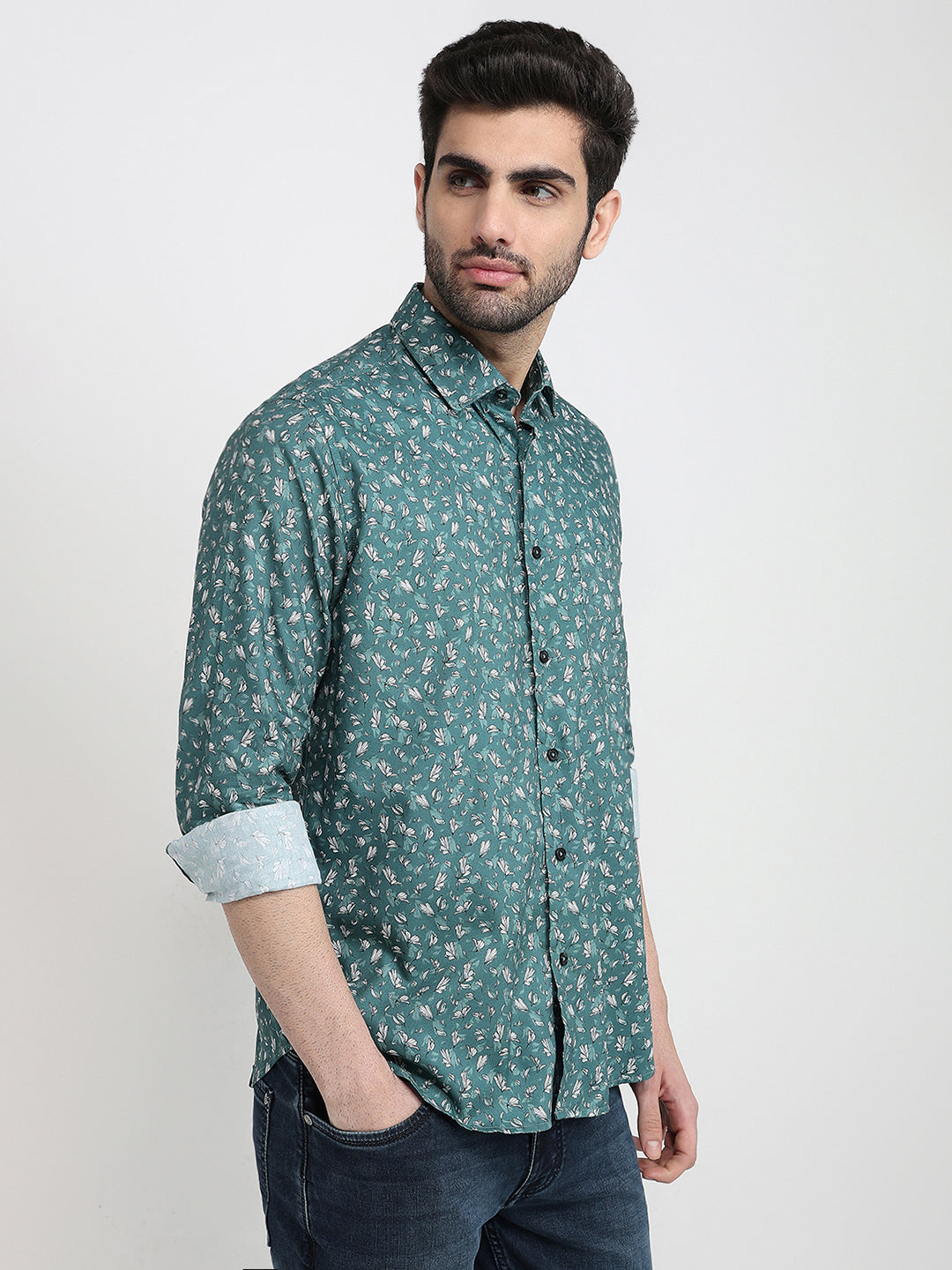 Raymond Men Green Printed Regular Fit Cotton Blend Full Sleeve Casual Shirt