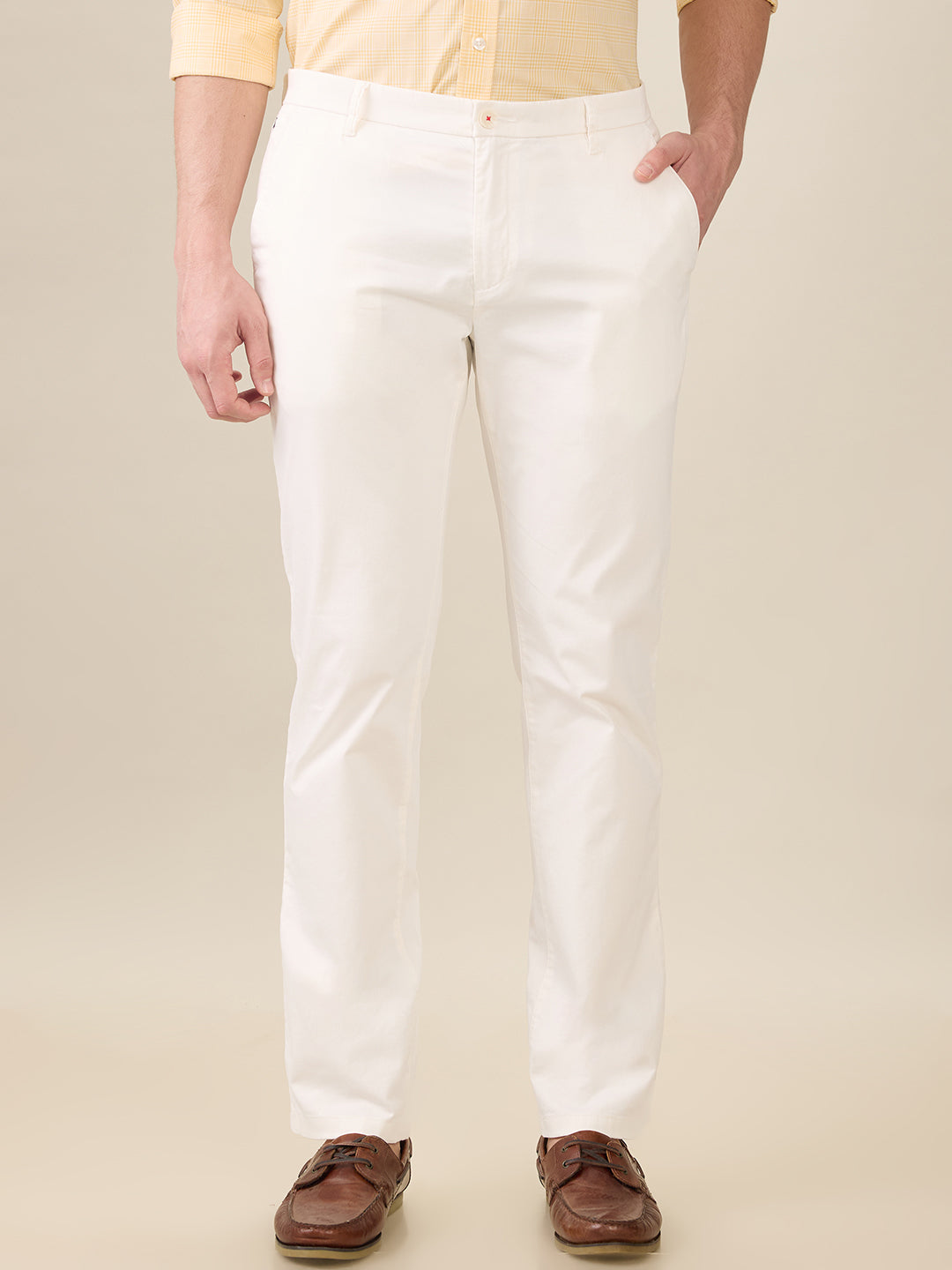 Raymond Men White Solid Slim Fit Cotton Blend Trouser