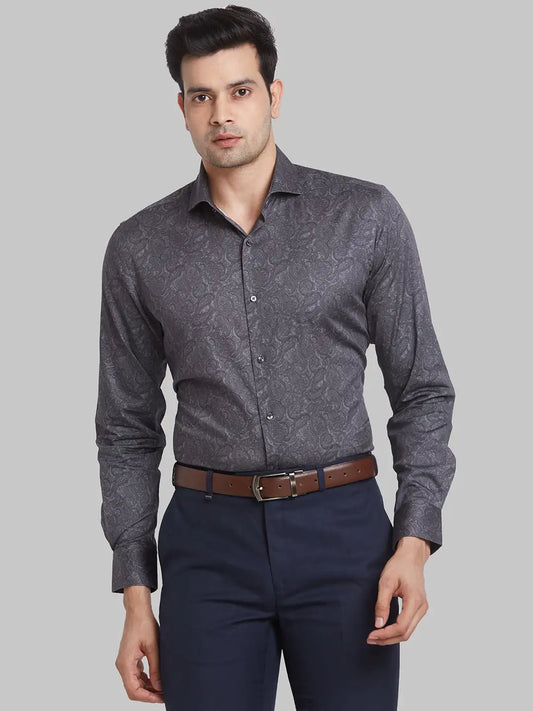 Men Grey Slim Print Cotton Shirts