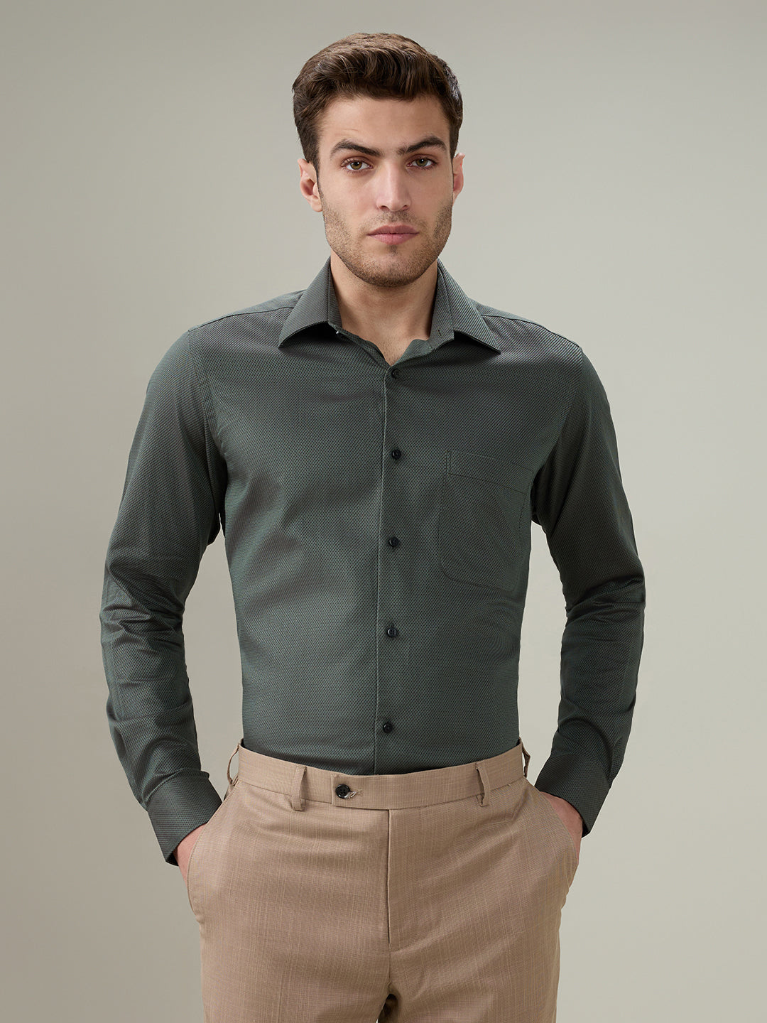 Raymond Men Green Structure Regular Fit Cotton Full Sleeve Formal Shirt