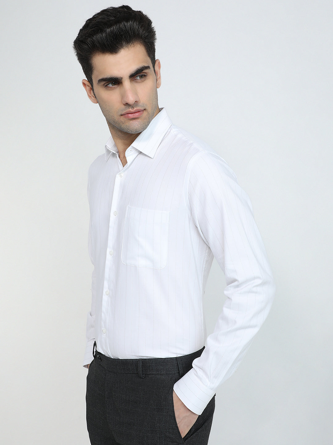 Raymond Men Grey Stripe Contemporary Fit Cotton Blend Full Sleeve Formal Shirt