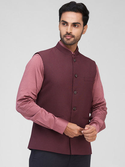 Raymond Men Maroon Structure Contemporary Fit Polyester Blend Waist Coat