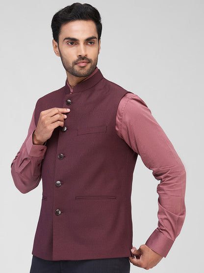 Raymond Men Maroon Structure Contemporary Fit Polyester Blend Waist Coat