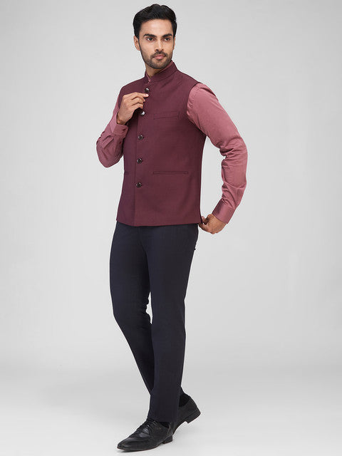 Raymond Men Maroon Structure Contemporary Fit Polyester Blend Waist Coat