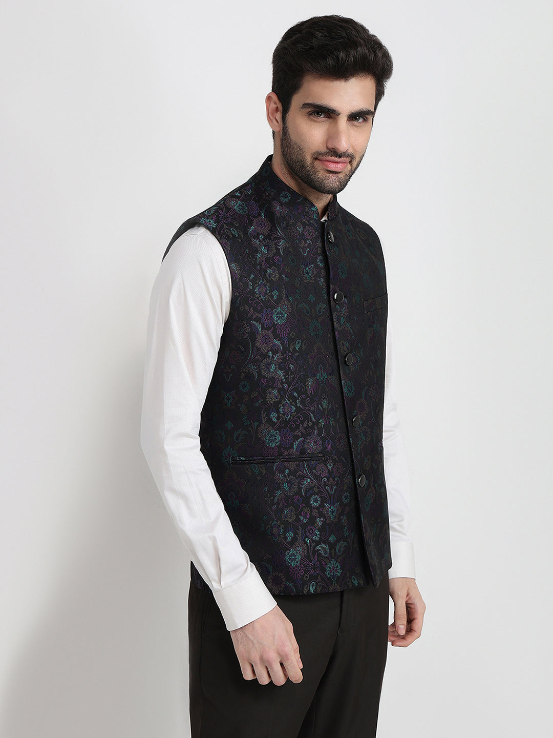 Raymond Men Black Jacquard Contemporary Fit Terry Blend Sleeveless Waist Coat
