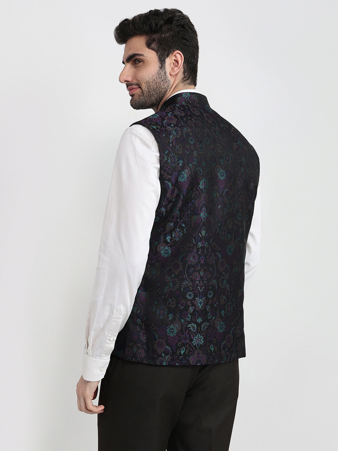 Raymond Men Black Jacquard Contemporary Fit Terry Blend Sleeveless Waist Coat