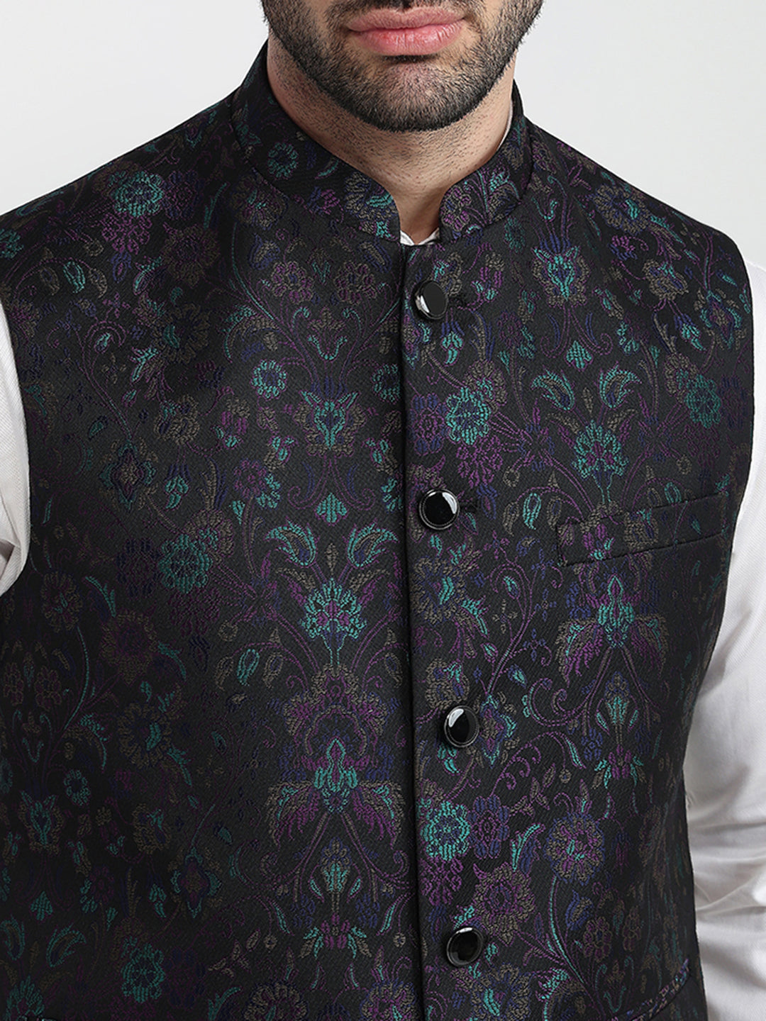 Raymond Men Black Jacquard Contemporary Fit Terry Blend Sleeveless Waist Coat