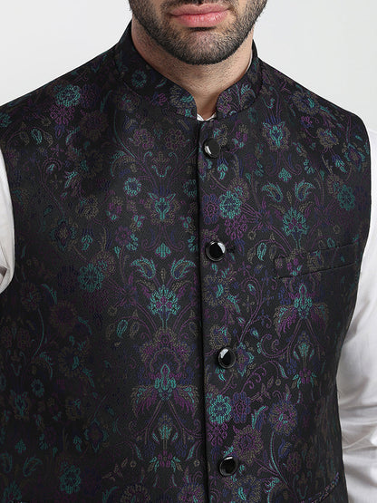 Raymond Men Black Jacquard Contemporary Fit Terry Blend Sleeveless Waist Coat