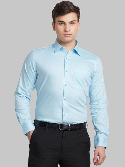 Raymond Blue Solid Contemporary Fit Full Sleeve Cotton Blend Shirt