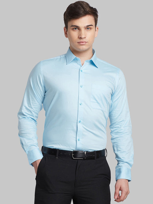 Raymond Blue Solid Contemporary Fit Full Sleeve Cotton Blend Shirt