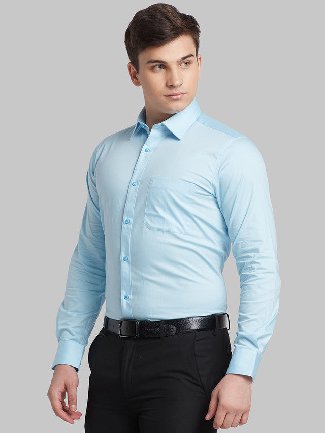 Raymond Blue Solid Contemporary Fit Full Sleeve Cotton Blend Shirt