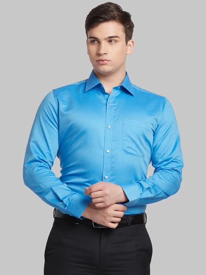 Men Blue Contemporary Fit Solid  Cotton Full Sleeve Regular Collar Shirts