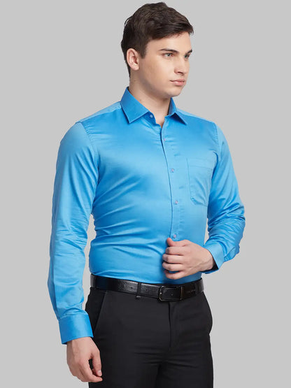 Men Blue Contemporary Fit Solid  Cotton Full Sleeve Regular Collar Shirts