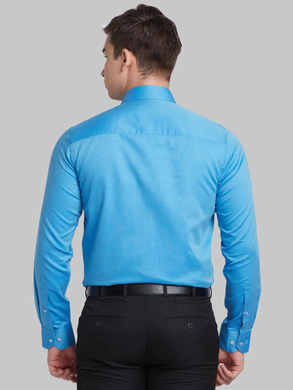 Men Blue Contemporary Fit Solid  Cotton Full Sleeve Regular Collar Shirts