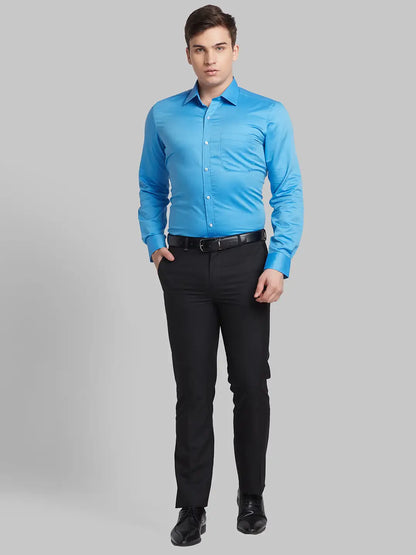 Men Blue Contemporary Fit Solid  Cotton Full Sleeve Regular Collar Shirts