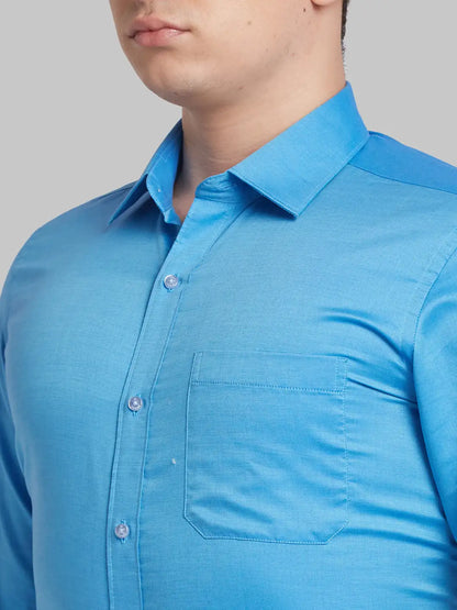 Men Blue Contemporary Fit Solid  Cotton Full Sleeve Regular Collar Shirts