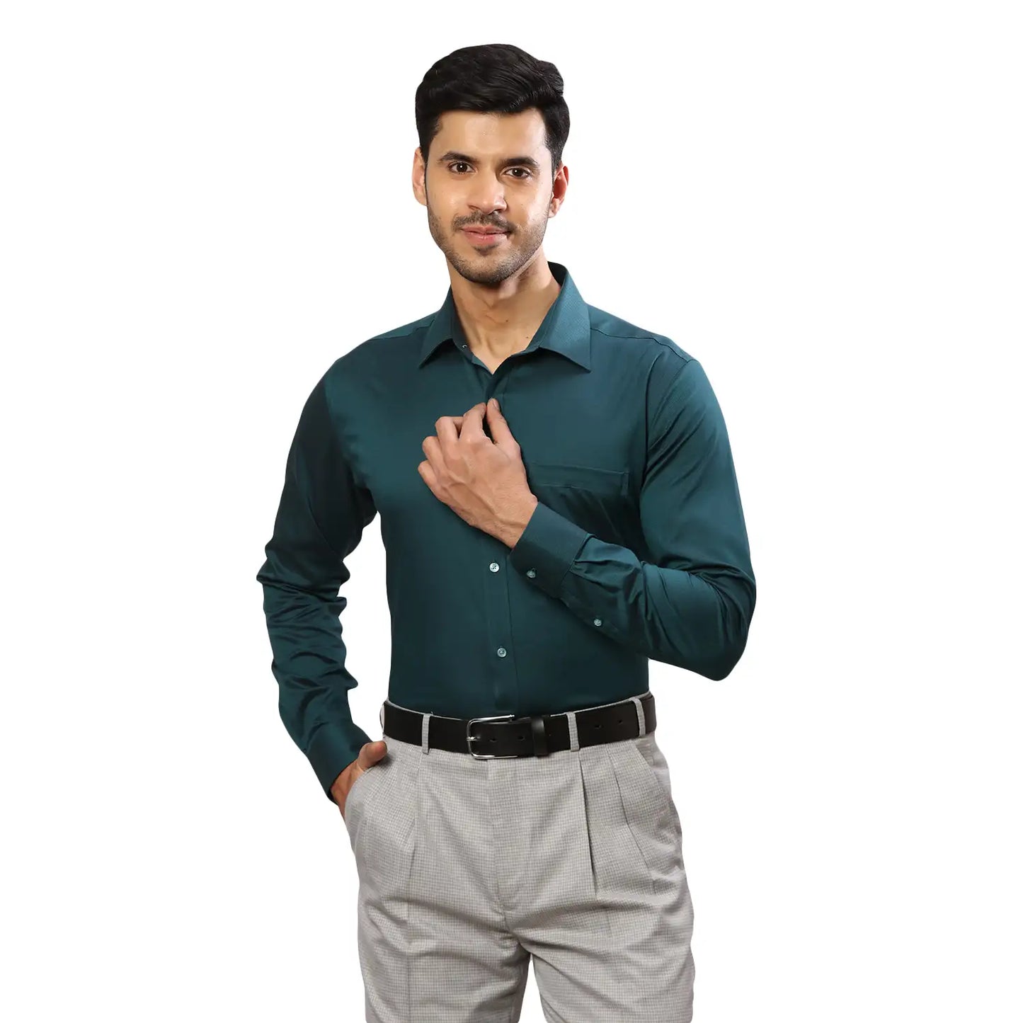 Men Green Contemporary Fit Solid  Cotton Full Sleeve Cutaway Collar Shirts