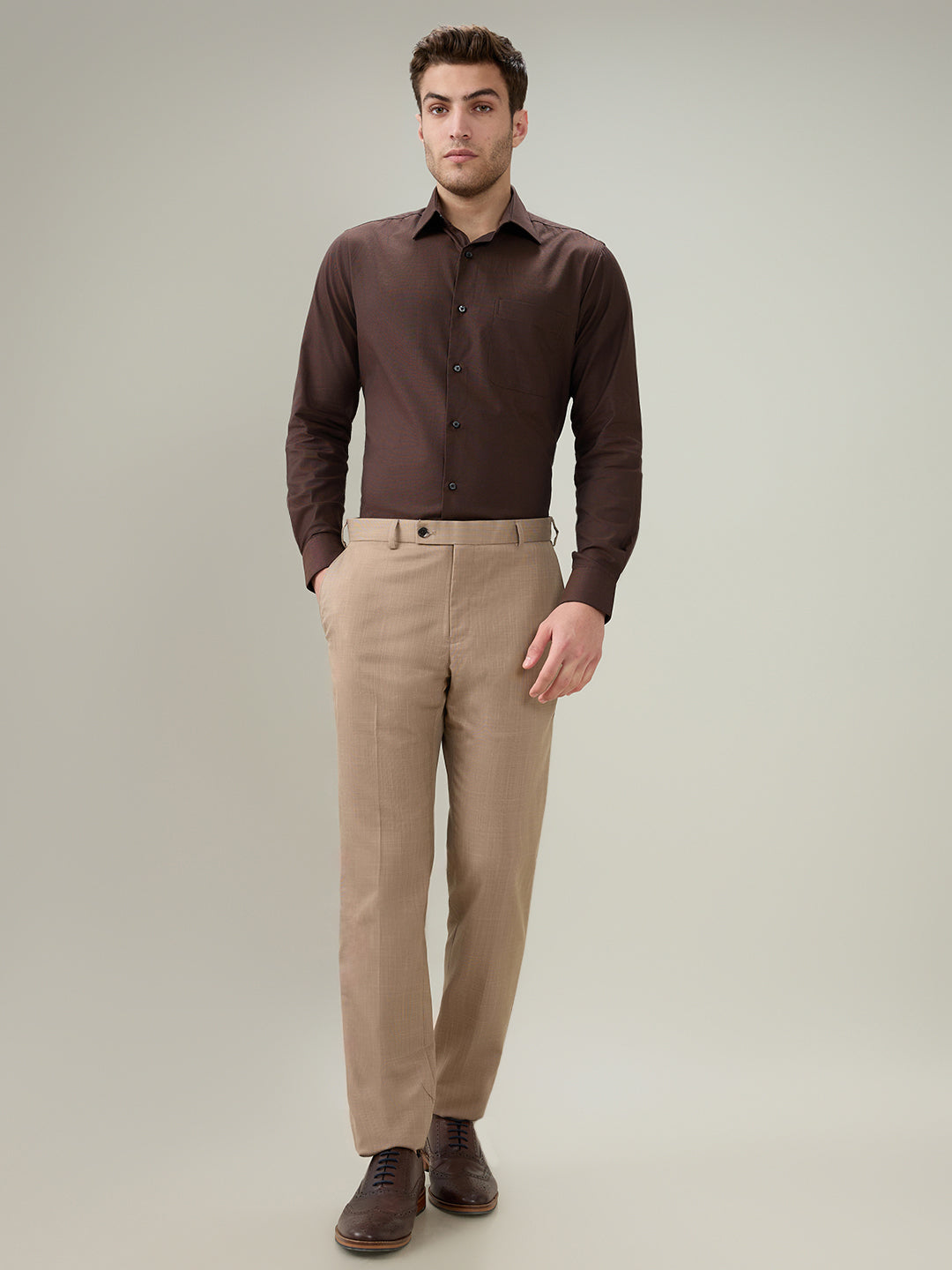 Raymond Men Brown Solid Chambray Slim Fit Cotton Full Sleeve Formal Shirt