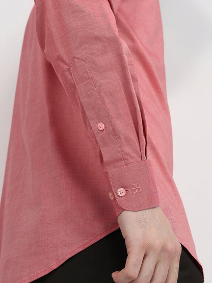 Raymond Men Red Solid Chambray Slim Fit Cotton Full Sleeve Formal Shirt