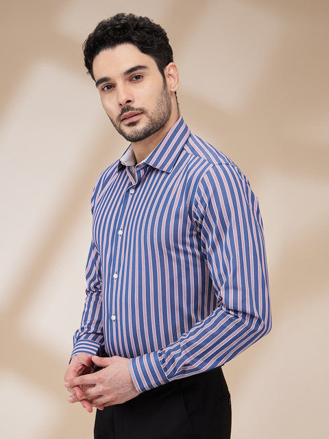Raymond Men Blue Stripe Slim Fit Cotton Formal Shirts