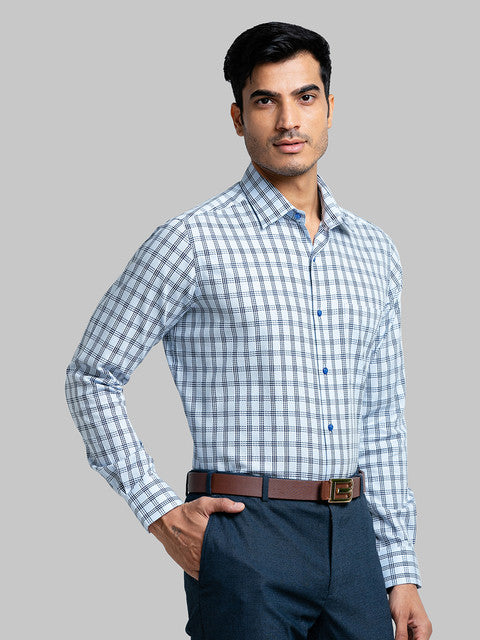 Raymond Men Blue Contemporary Fit Checks Cutaway Collar Shirt