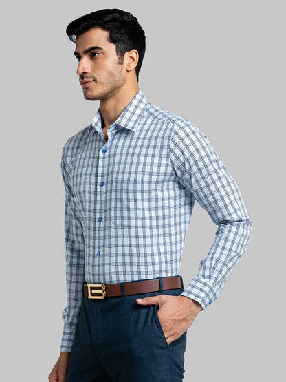 Raymond Men Blue Contemporary Fit Checks Cutaway Collar Shirt