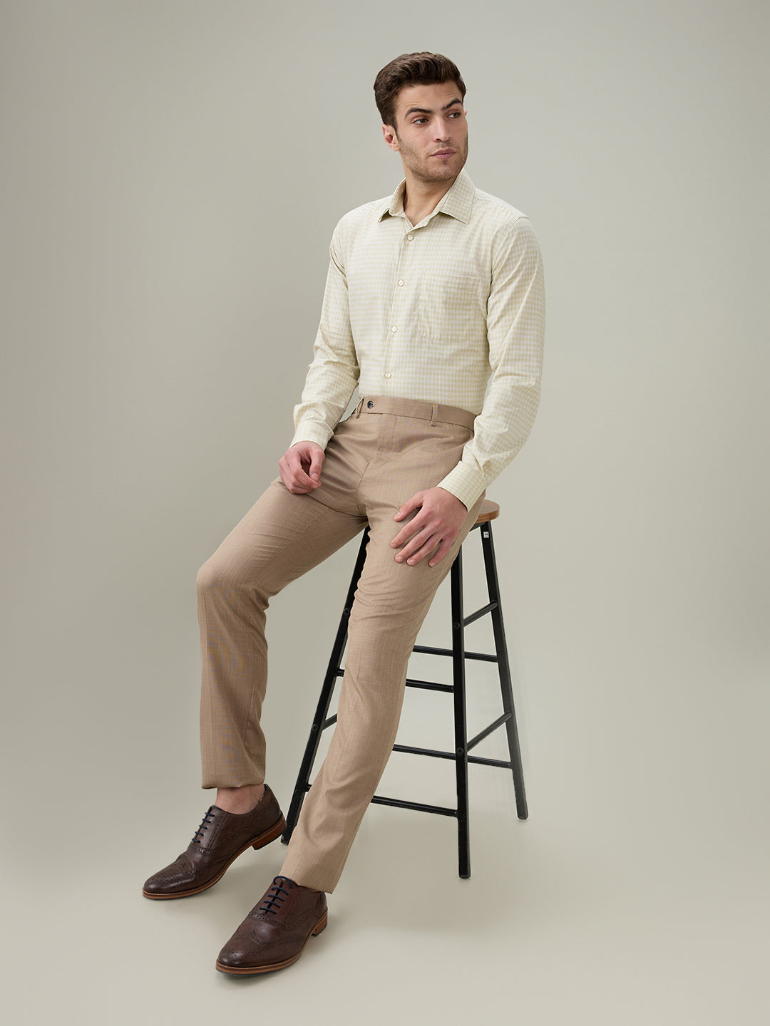 Raymond Men Brown Checks Contemporary Fit Cotton Full Sleeve Formal Shirt