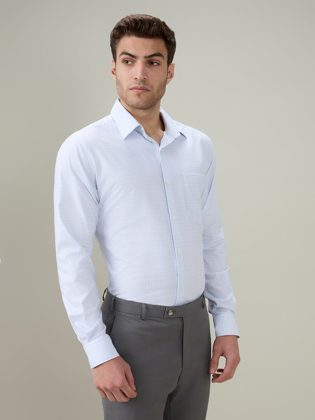 Raymond Men Blue Checks Contemporary Fit Cotton Full Sleeve Formal Shirt