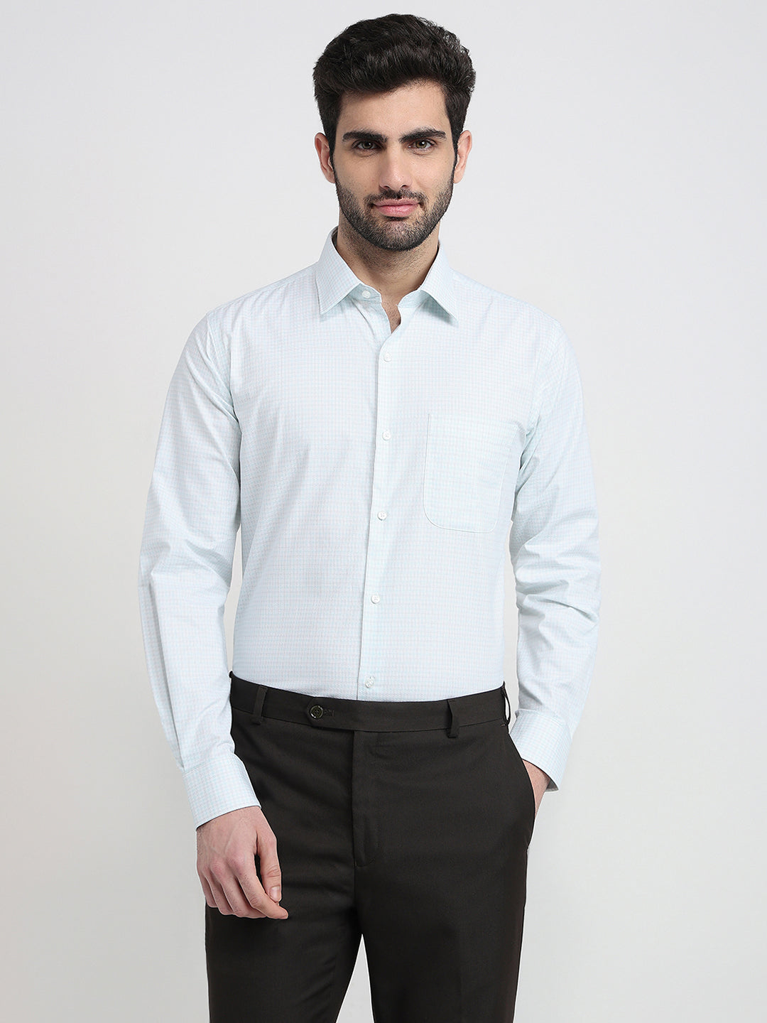 Raymond Men Blue Checks Contemporary Fit Cotton Full Sleeve Formal Shirt