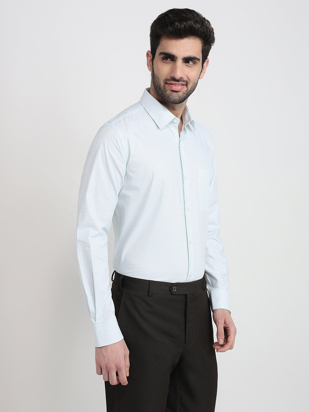 Raymond Men Blue Checks Contemporary Fit Cotton Full Sleeve Formal Shirt