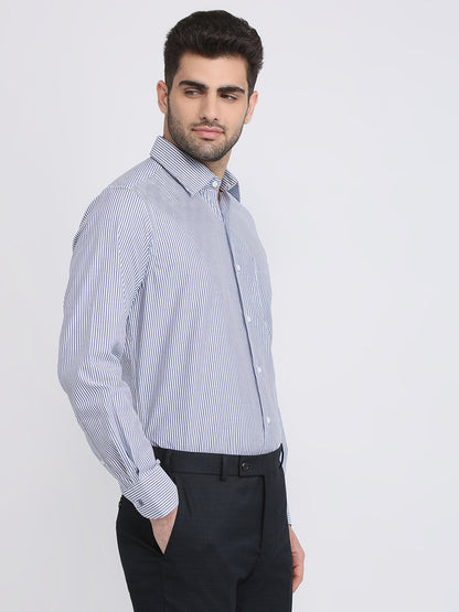 Raymond Men Blue Stripe Regular Fit Cotton Full Sleeve Formal Shirt