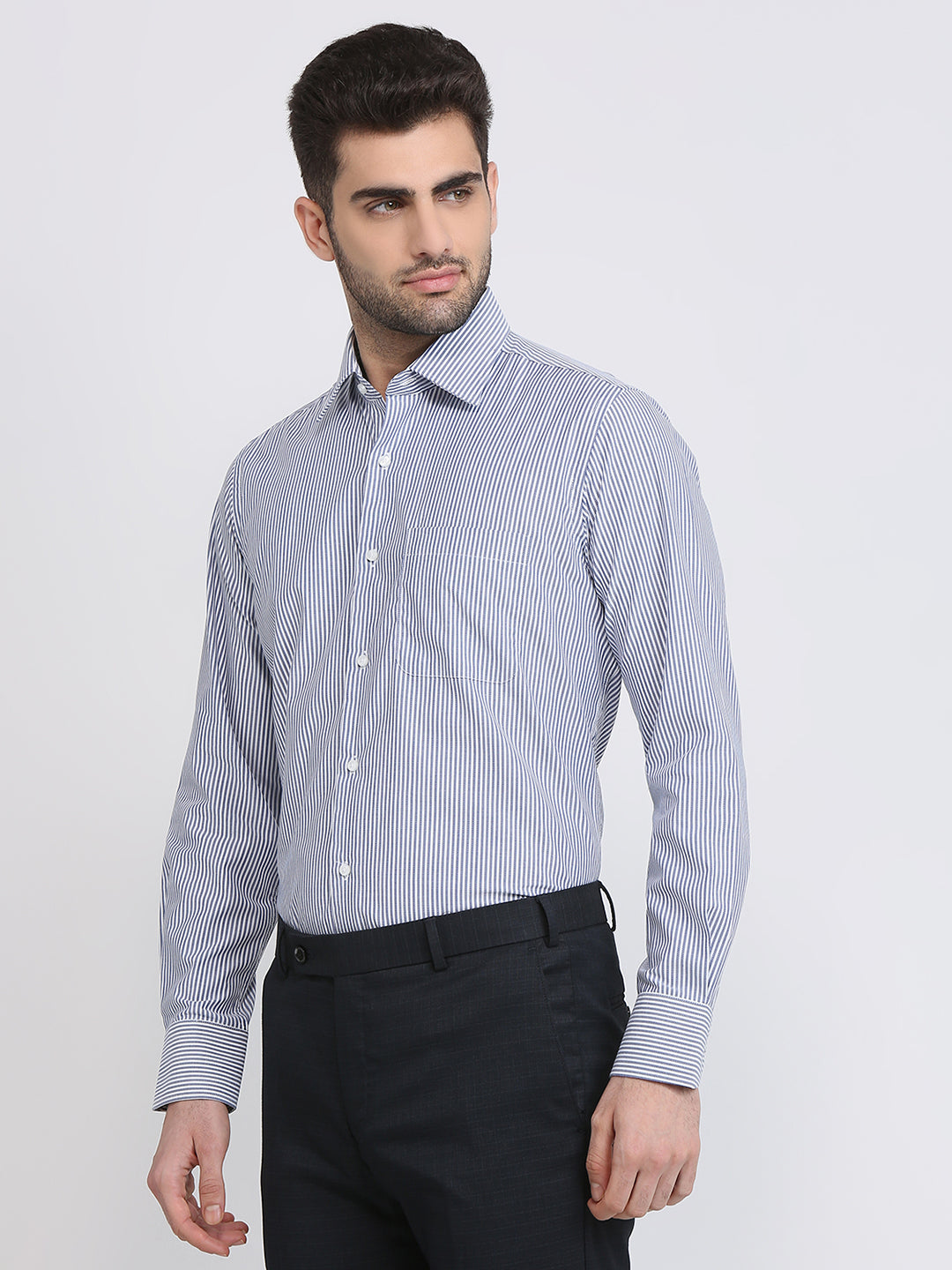 Raymond Men Blue Stripe Regular Fit Cotton Full Sleeve Formal Shirt