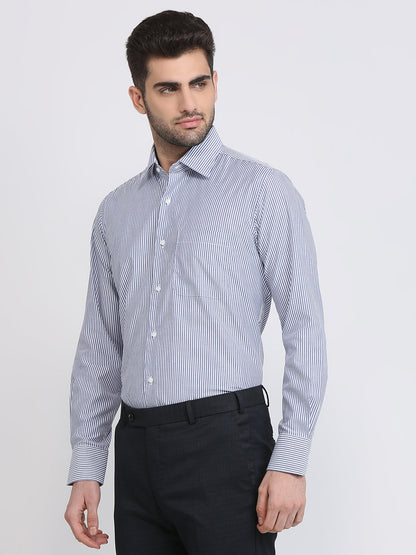 Raymond Men Blue Stripe Regular Fit Cotton Full Sleeve Formal Shirt