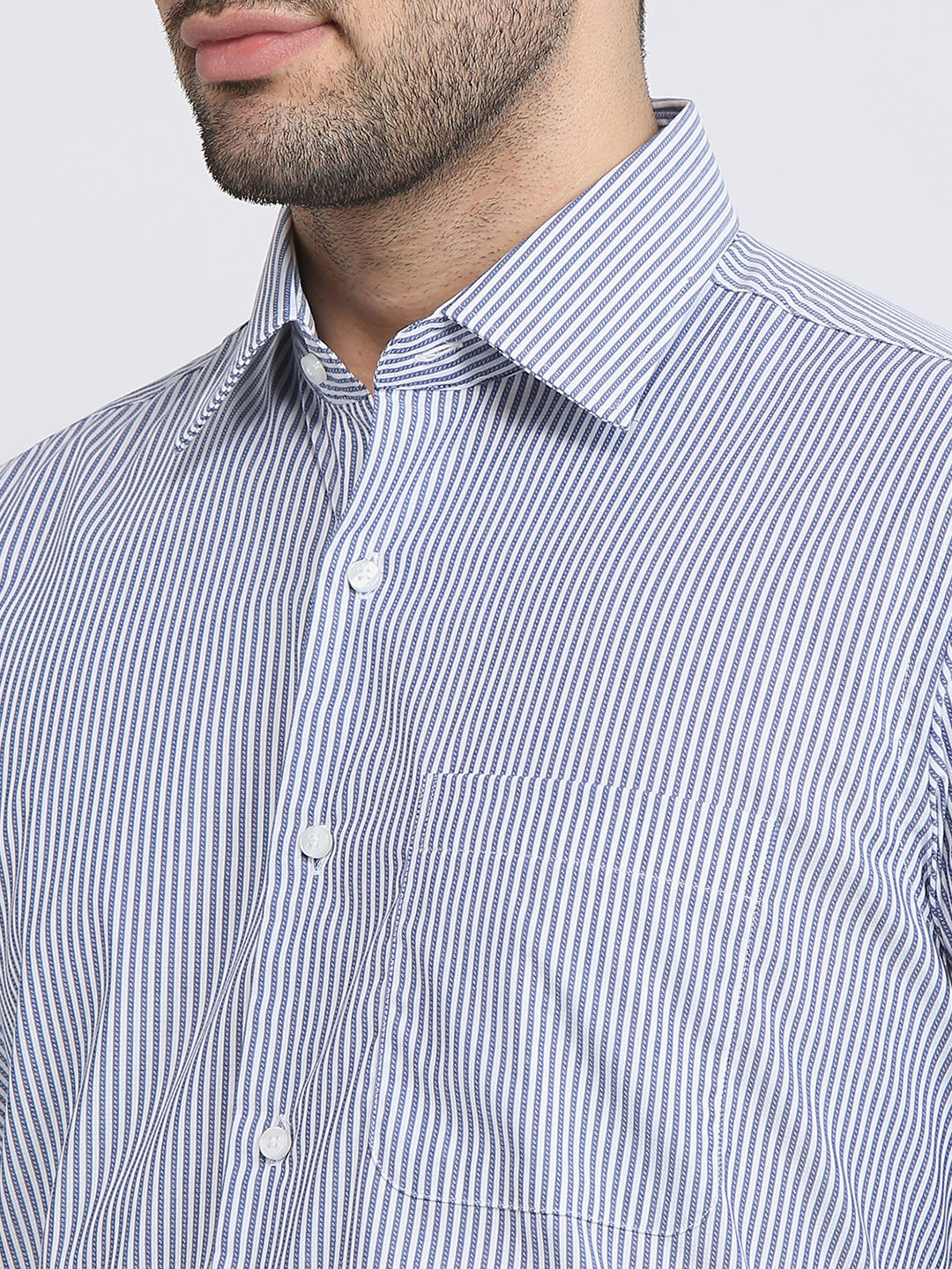 Raymond Men Blue Stripe Regular Fit Cotton Full Sleeve Formal Shirt