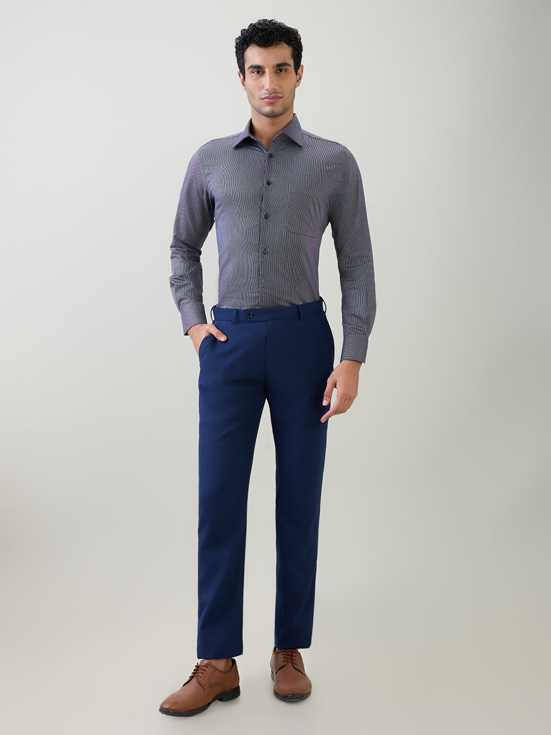 Raymond Men Blue Stripe Regular Fit Cotton Full Sleeve Formal Shirt