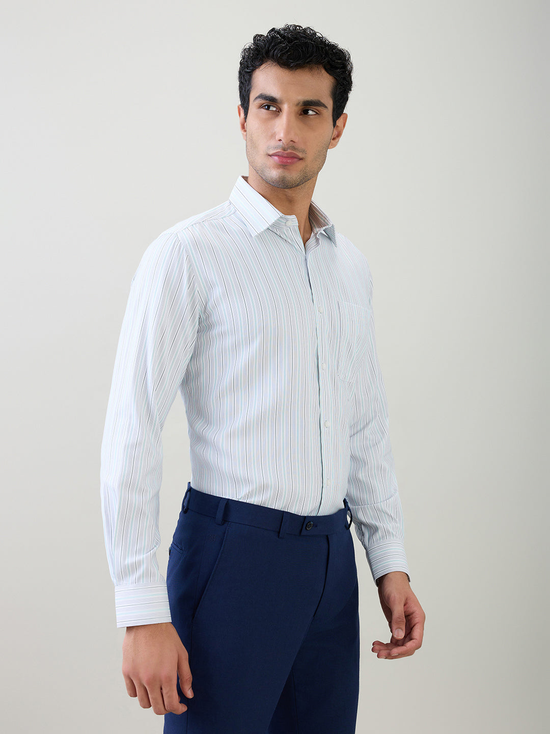 Raymond Men Grey Stripe Contemporary Fit Bamboo Blend Full Sleeve Formal Shirt